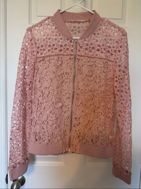 Tahari Dusty Pink Lace Bomber Jacket 8